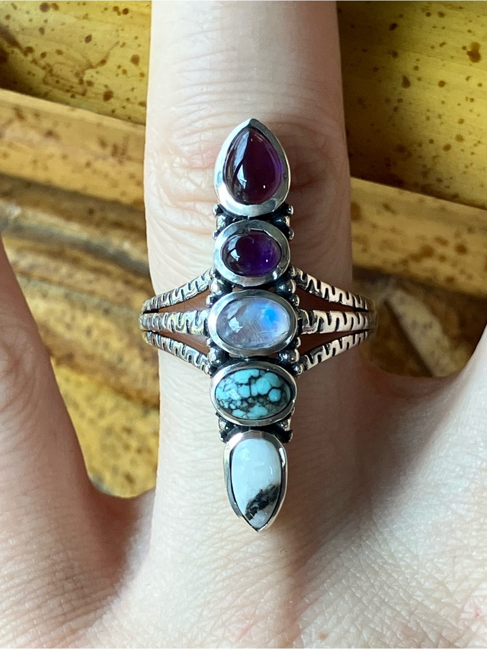 Multi Gemstone Sterling Silver Statement Ring Size 7